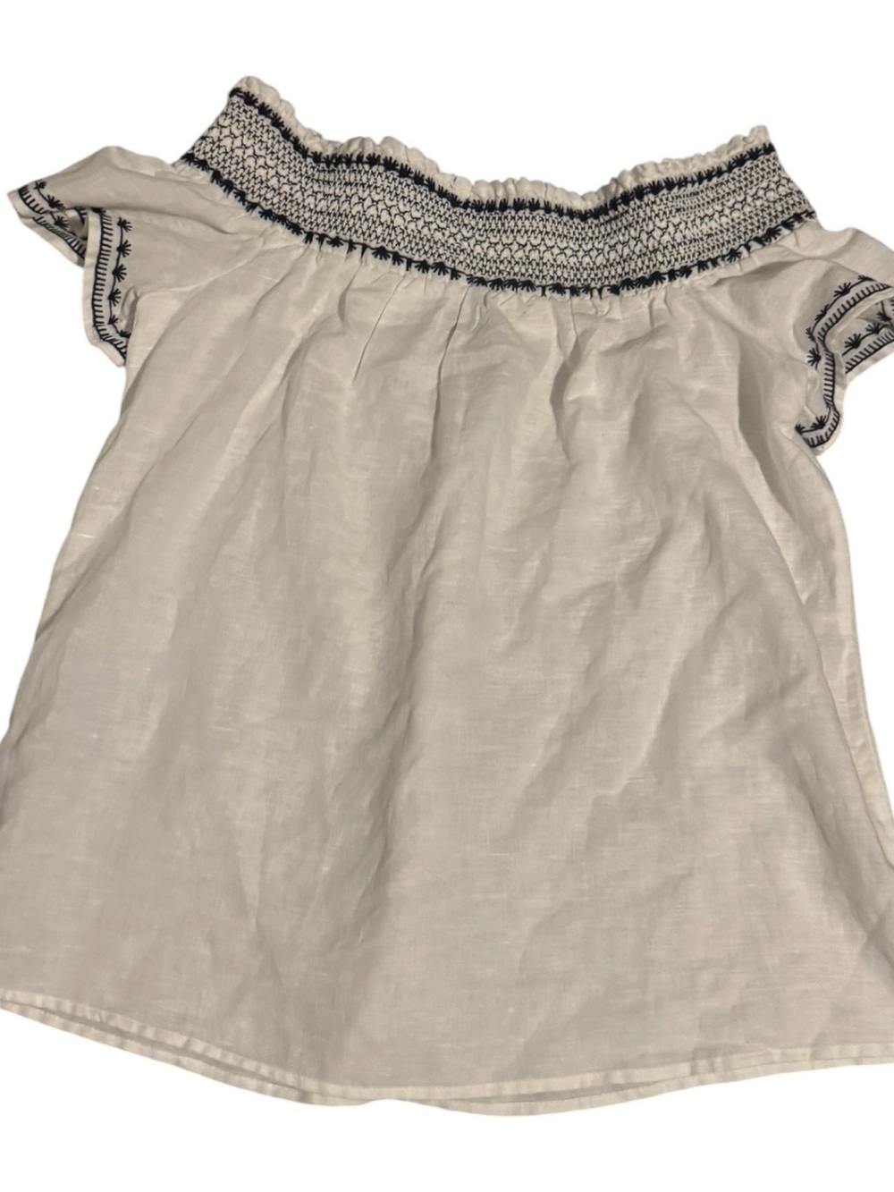 ❤️Ann Taylor Women’s Cream & Black Linen Embroidered Boho Flowy Top Blouse | M